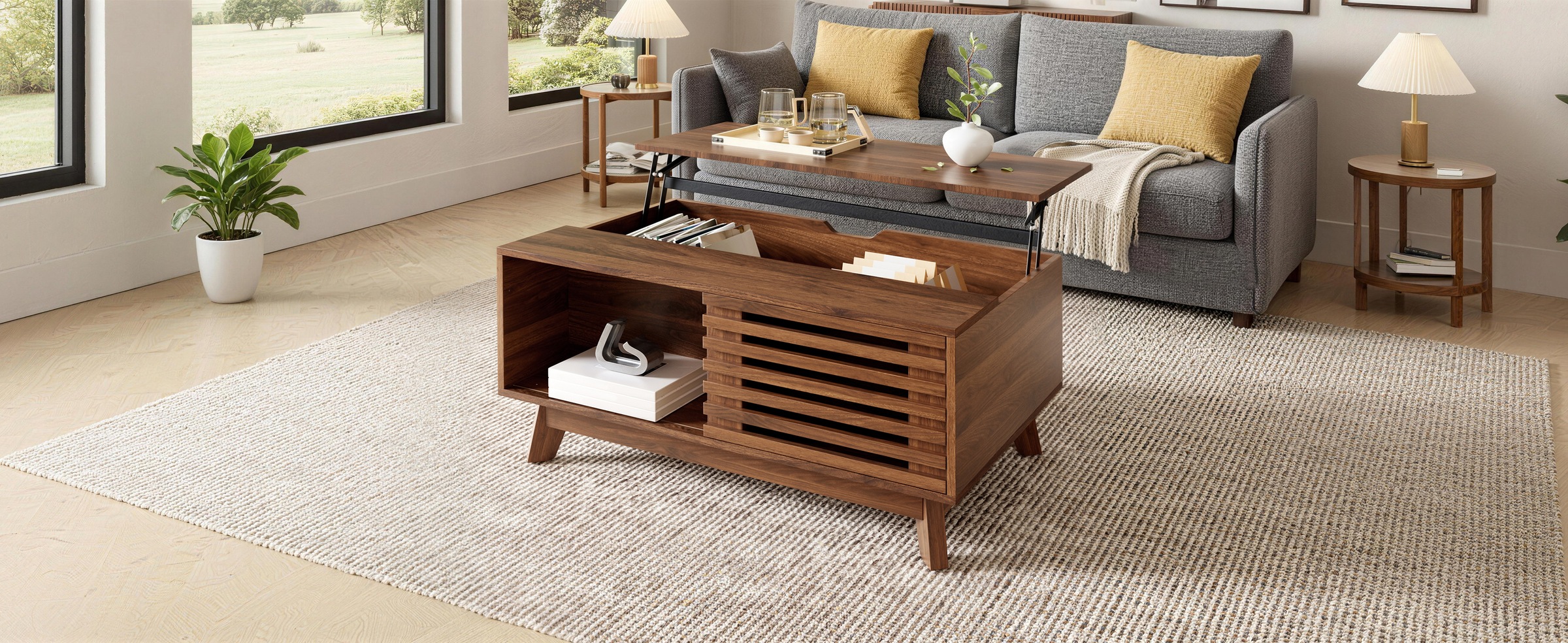 Table Basse Noyer, Rangement, Étagères Réglables, Plan Relevable, Design Moderne, Structure Robuste - Panneau composite de fibres de bois à densité - 90x55x57.5cm - Salon 2