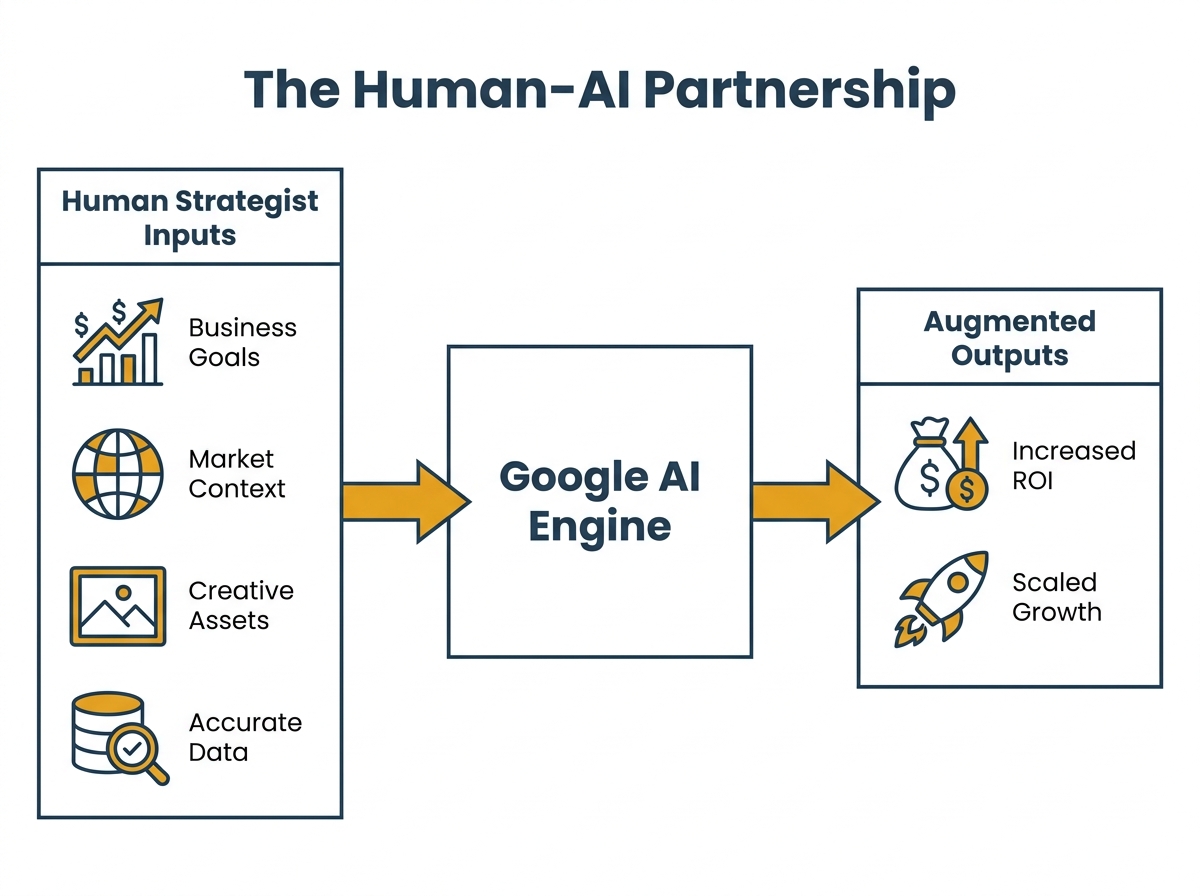 Flowchart illustrating the Human-AI partnership, where human strategic inputs guide the Google AI engine to produce augmented business outputs.