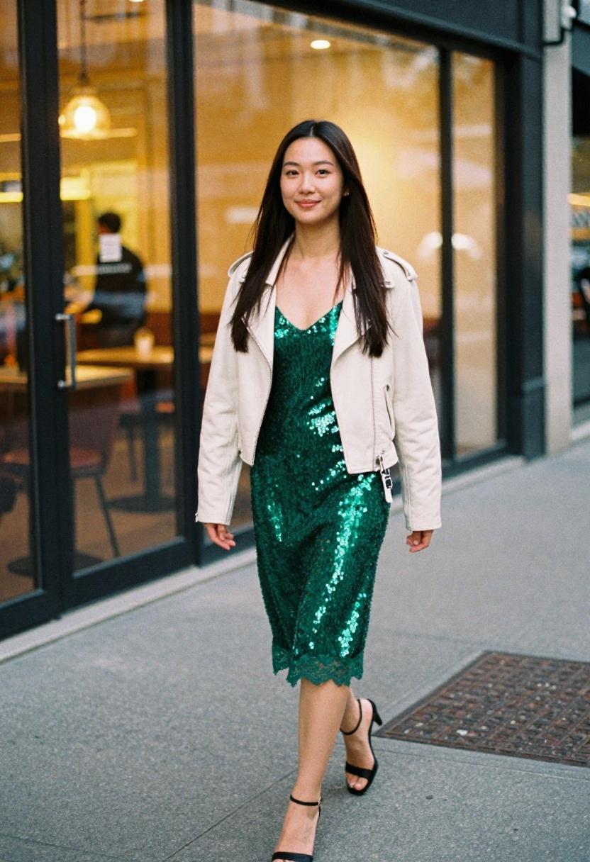 An emerald sequined slip dress under a cropped moto jacket turning a city sidewalk into an Eras Tour runway