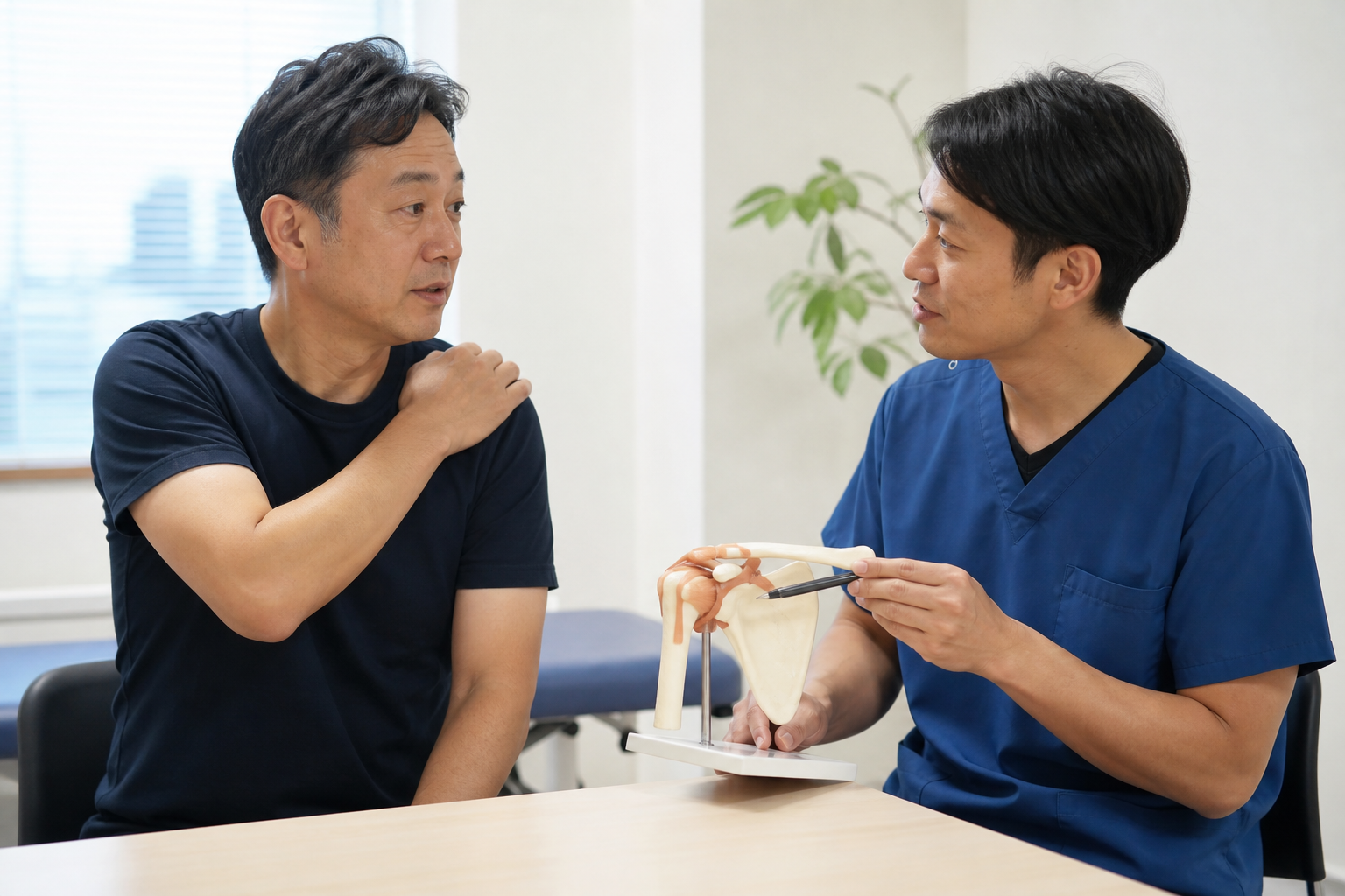 腱板断裂の保存療法について肩模型を見ながら相談する場面