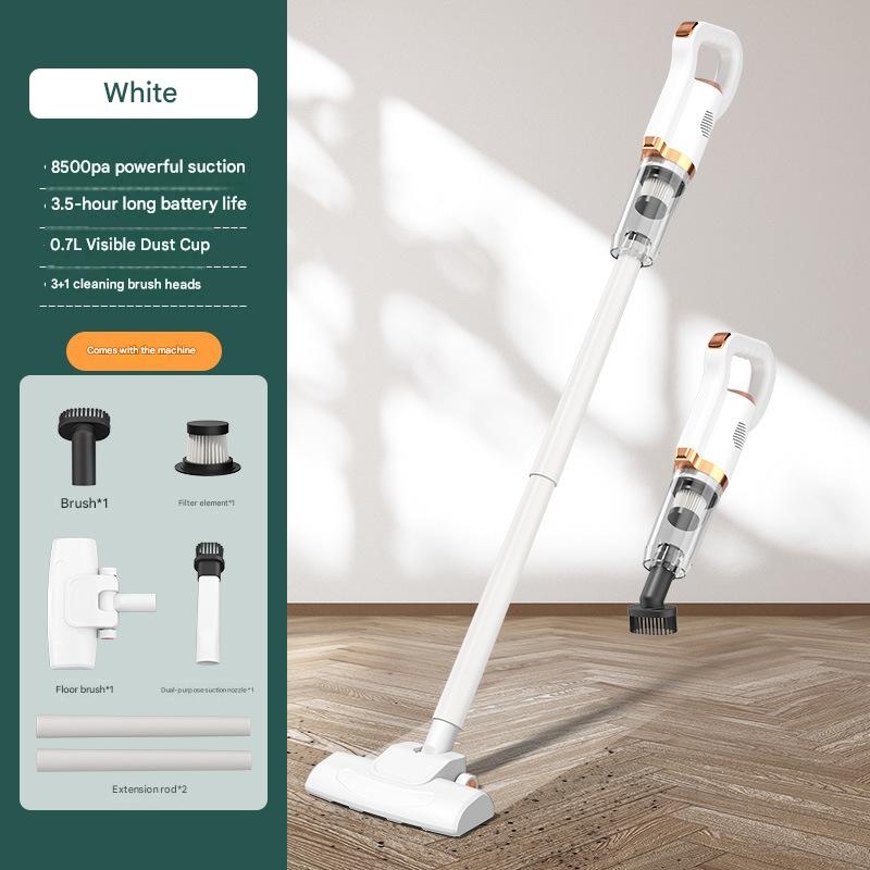 White Cordless Handheld Vacuum Cleaner - 8500Pa Powerful Suction, 700mL Dust Cup, USB Rechargeable with 2000mAh Battery, 3 Brush Heads, 2 Extension Rods, Lightweight Stick Vacuum for Home, Car, Pet Hair, Carpet and Hardwood Floor Cleaning