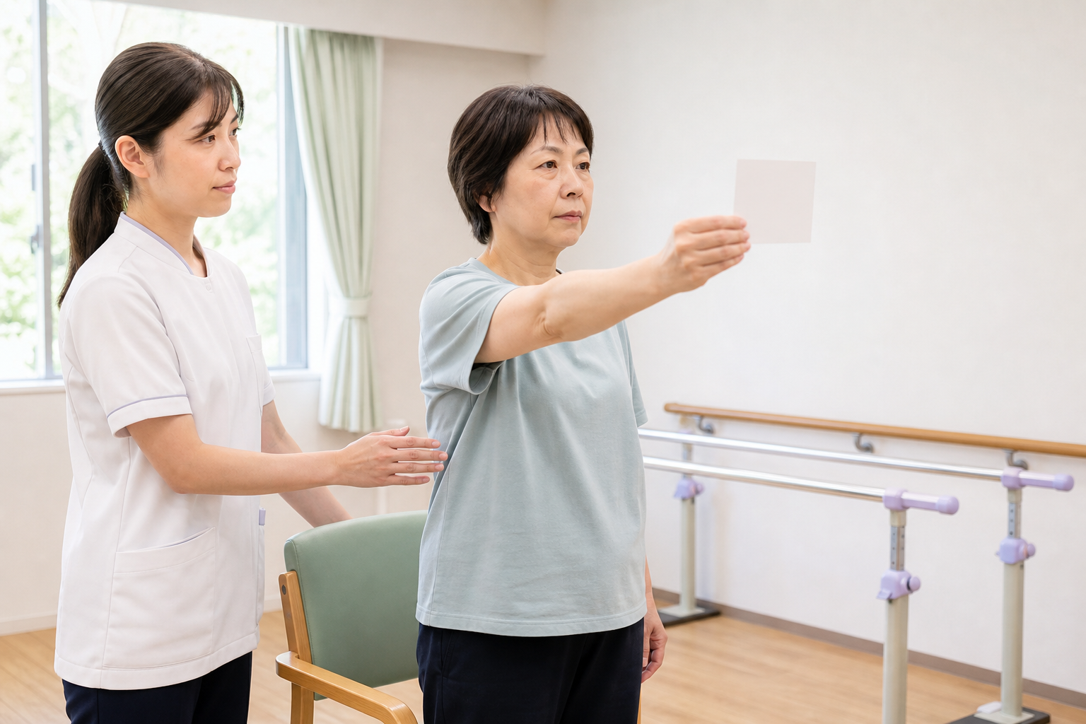 専門職の見守りのもとで視線安定化練習を行う様子
