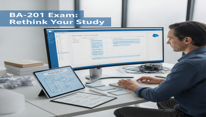 A focused professional using a tablet to map a business process within a Salesforce environment, contrasting with a blurred background of disorganized study materials. The image highlights strategic, hands-on preparation for the Salesforce BA-201 Business Analyst exam, with the title 'BA-201 Exam: Rethink Your Study' clearly visible.
