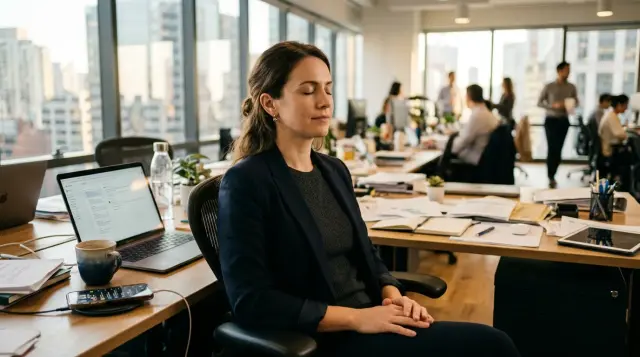 Woman meditating peacefully at cluttered office desk bathed in warm morning light
