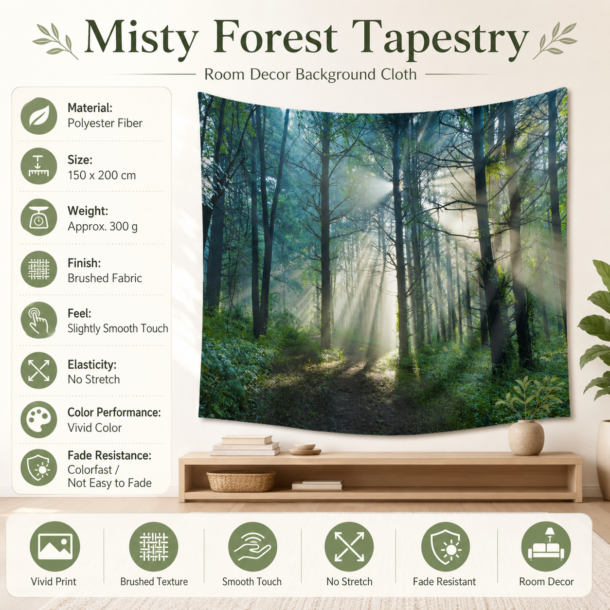 Misty Forest Tapestry Wall Hanging 150×200cm Polyester Fabric Background Cloth Room Decor Brushed No-Stretch Fade Resistant Nature Forest Wall Decor with Installation Kit