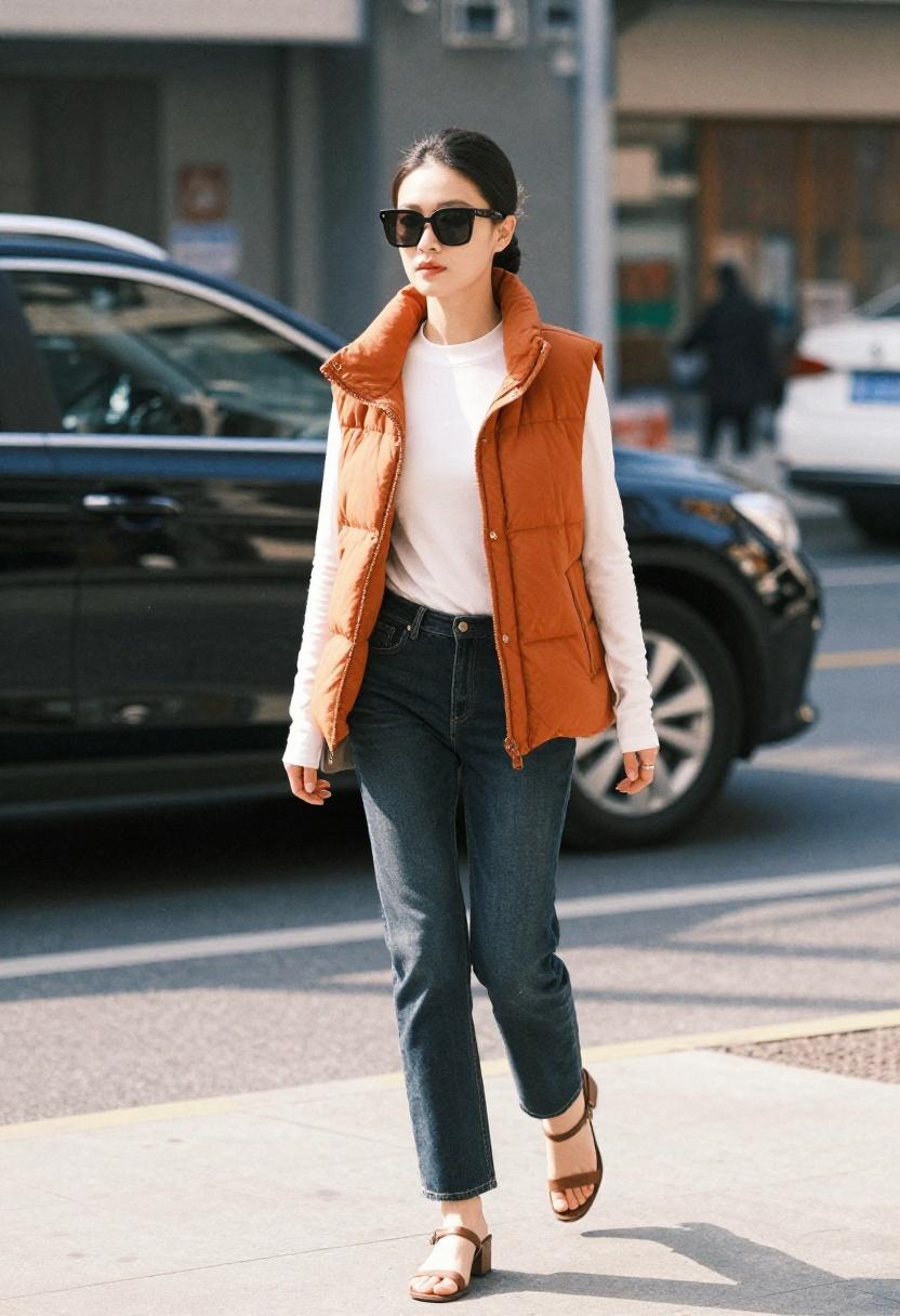 Burnt orange puffer vest over white mock-neck and dark jeans for confident spring statement look