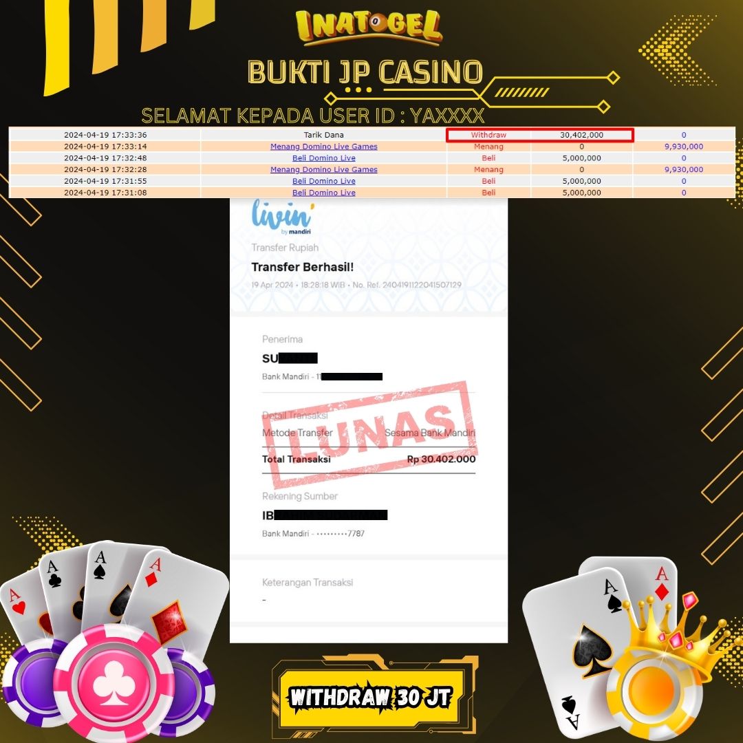 BUKTI PEMBAYARAN JP DOMINO LIVE GAMES Rp30,000,000,- LUNAS