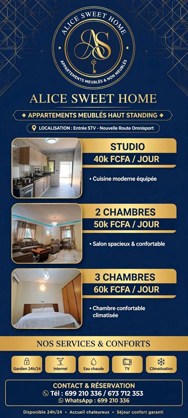 Studio meublé à louer à Omnisport, Yaoundé - 40000 FCFA/nuit