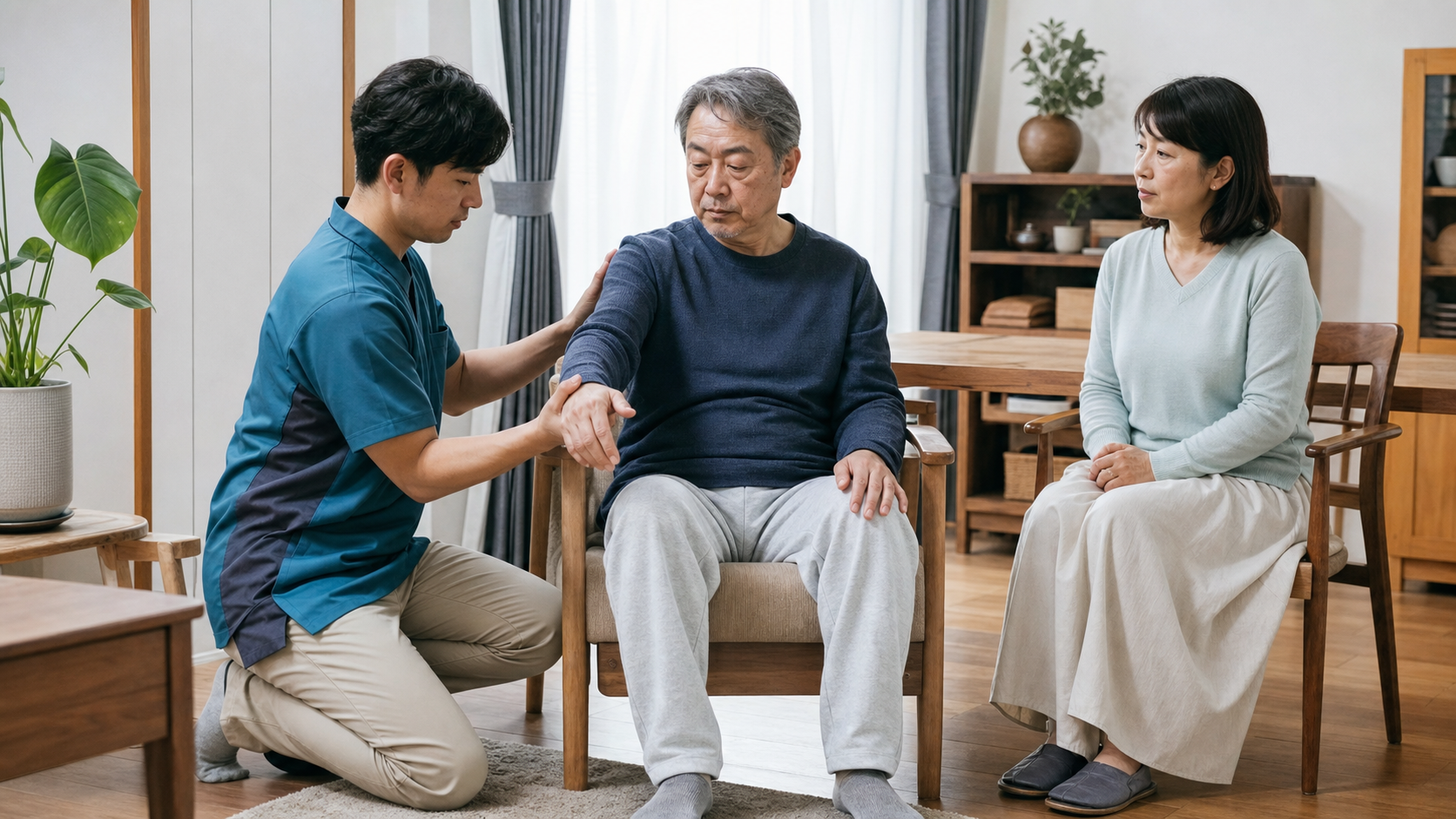 自宅で無理のない上肢運動を行うALSのある人と支援するリハビリ専門職