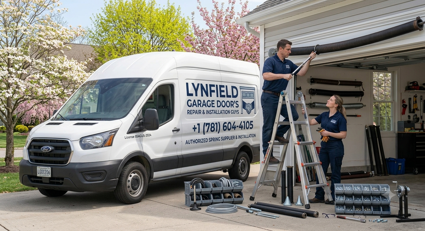 Lynfield Garage Door's technician performing a garage door spring repair