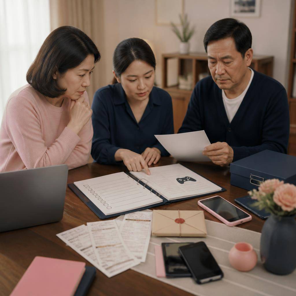디지털 유산 정리 체크리스트와 게임 서비스 약관을 펼쳐 놓고 가족이 상속 절차를 검토하는 