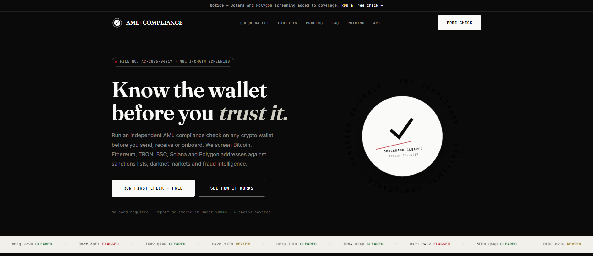 Forensic screenshot of aml-compliance.org showing the phishing page layout