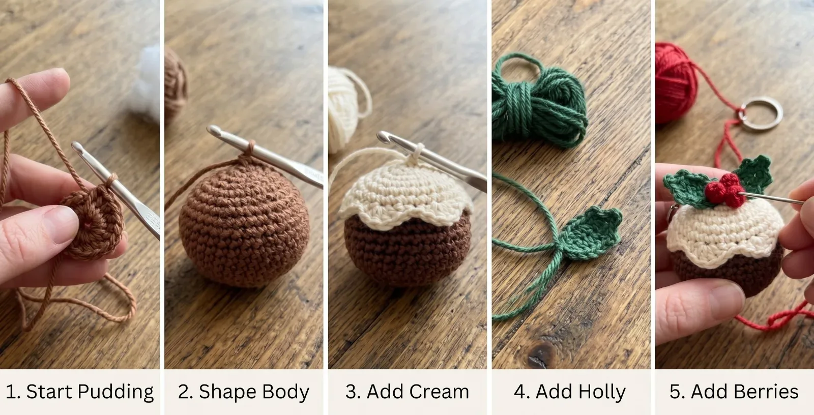 Mini Christmas Pudding Crochet Charm crochet step collage