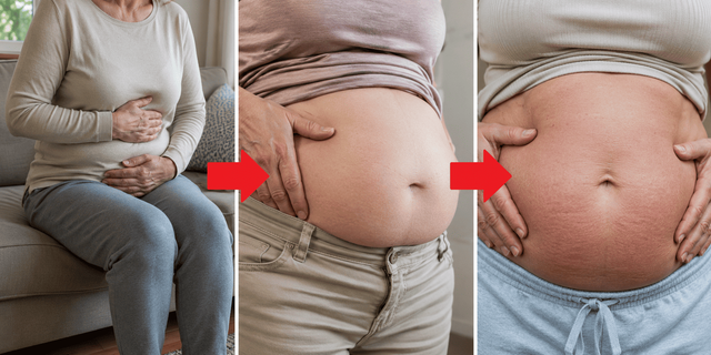 Mujer mostrando pesadez e hinchazón abdominal