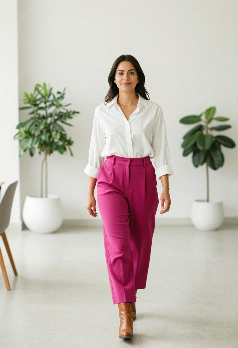 Magenta wide-leg trousers and cognac ankle boots bold office walk
