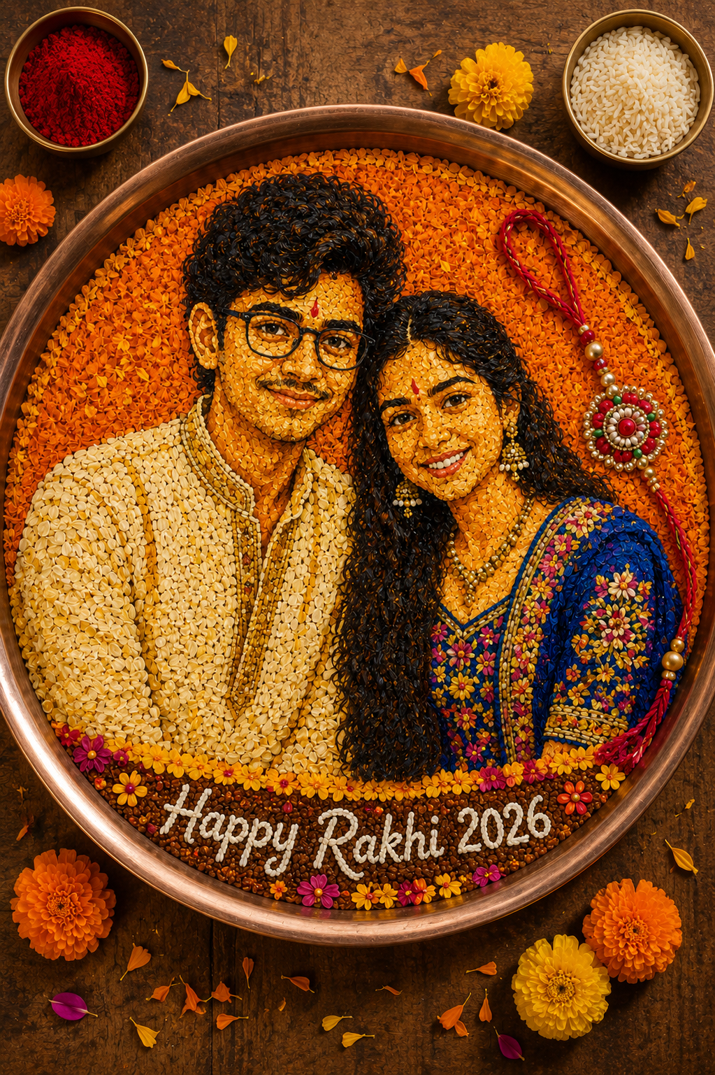 Rakhi Thali Flower Portrait – Brother Sister Floral Art