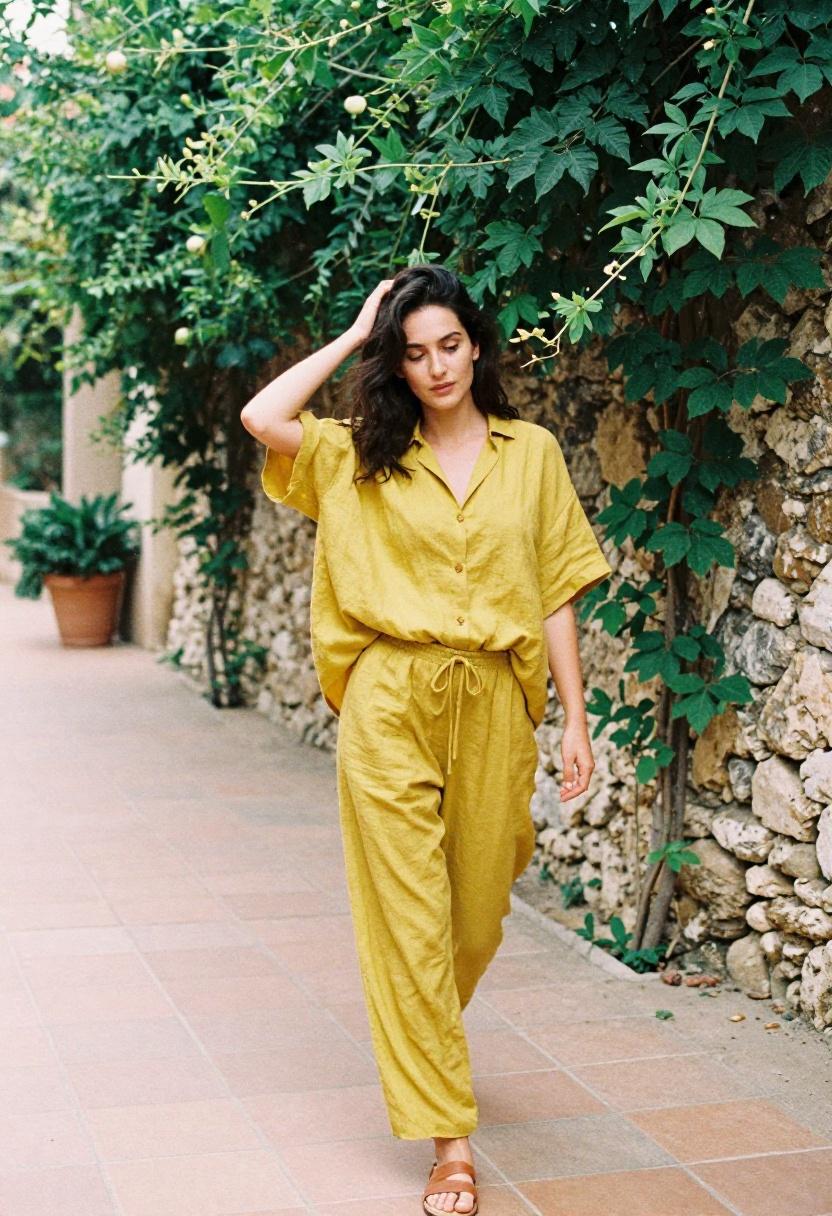 Mustard yellow linen lounge set against a sun-dappled Mediterranean garden path