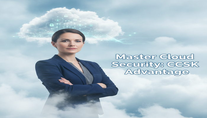 Master Cloud Security: CCSK Advantage A confident cloud security professional standing in a dynamic, secure cloud infrastructure environment, with glowing network lines and security icons, representing mastery and the advantage gained from CCSK certification.