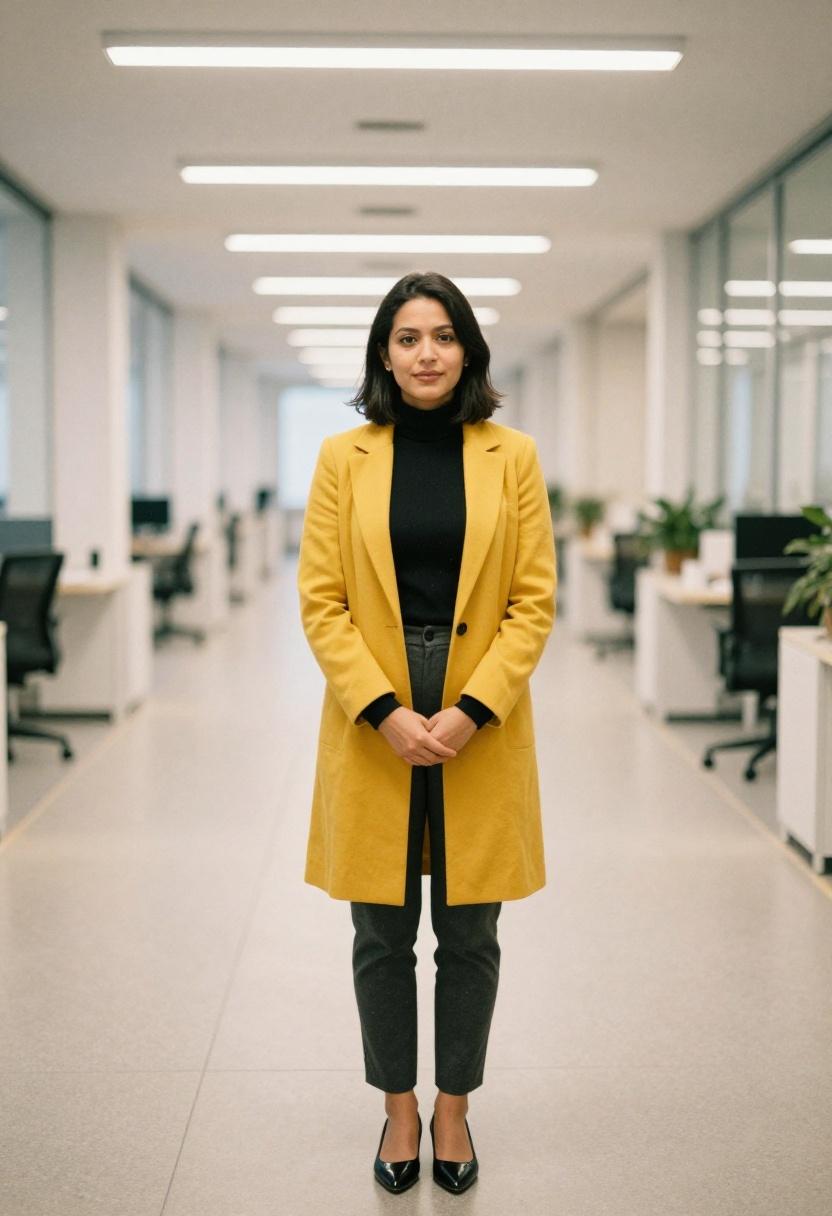 Mustard yellow longline blazer with black patent pointed toe flats for polished authority