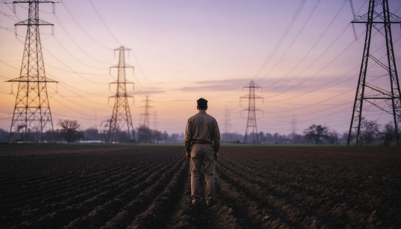A solitary figure seen from behind, standing in an open field at dusk with distant power transmission towers on the horizon.
