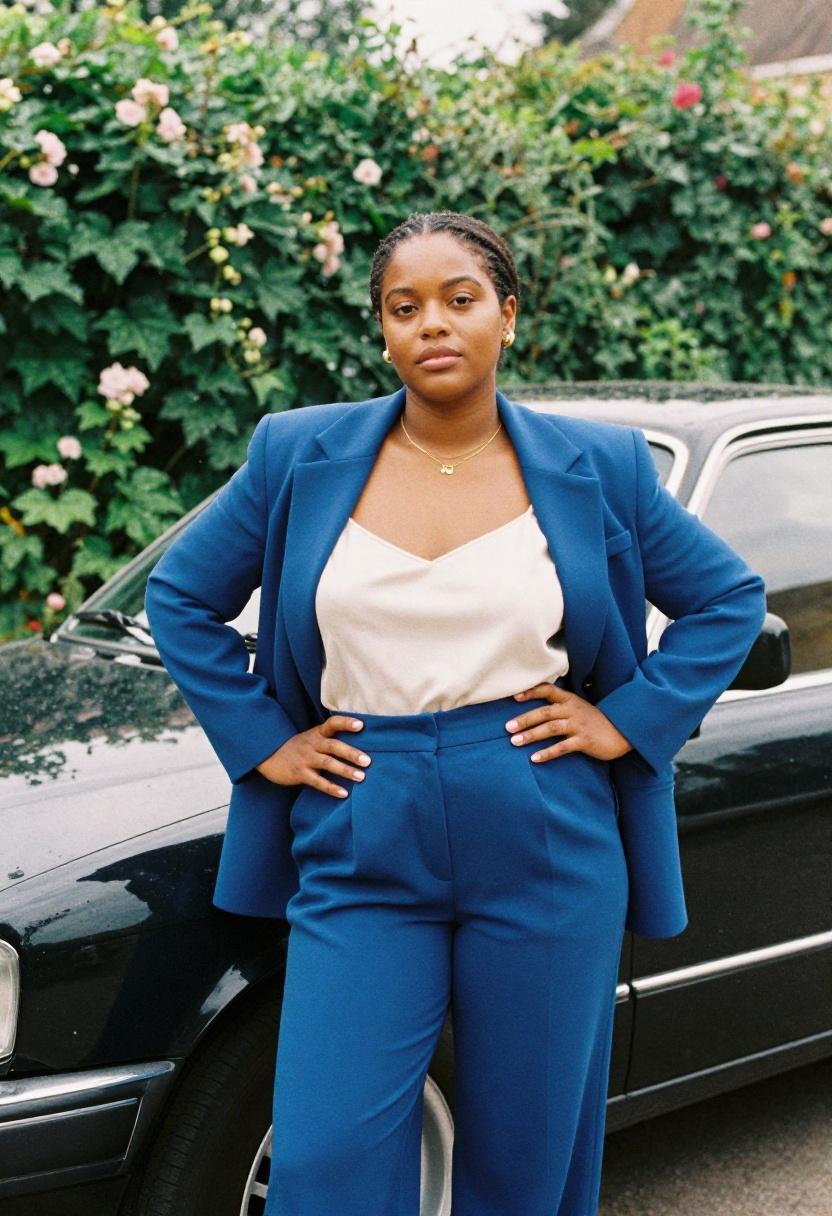 Plus size woman in cobalt blue trouser suit worn open over silk camisole bringing quiet luxury confidence to a garden setting
