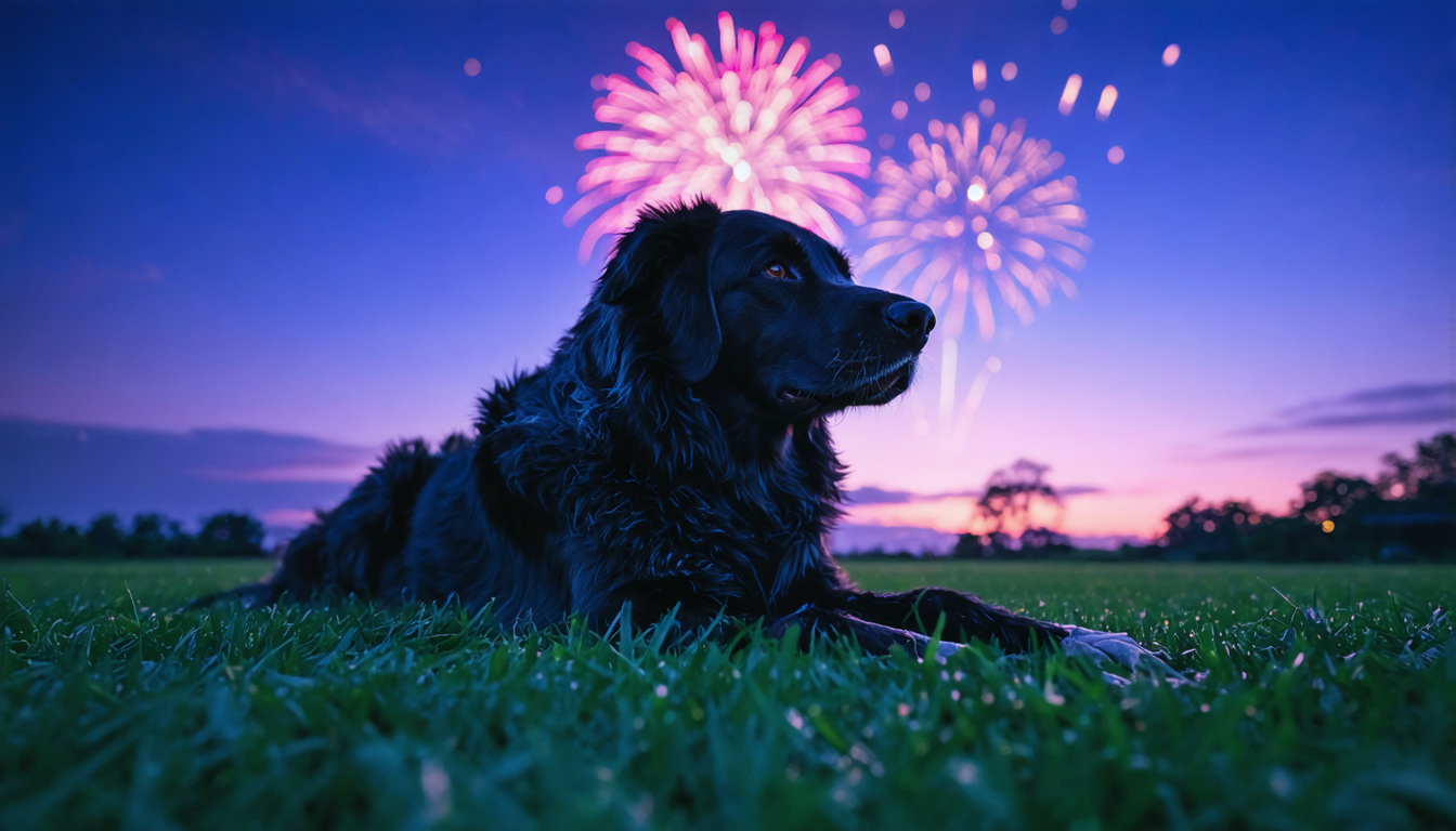 A calm dog unbothered by a sky full of distant explosions — the energetic savings of having no story to tell.