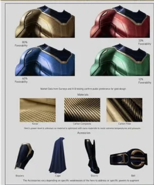 Source: https://watchtheweather.com/thunderbolts-1

Kevlar, Carbon Composite, Carbon Fiber

Translation: "Hero's power-level is unknown to material's equipped with nano-materials to resist extreme temperatures and pressure. 

Bracers, Cape, Boots, Belt