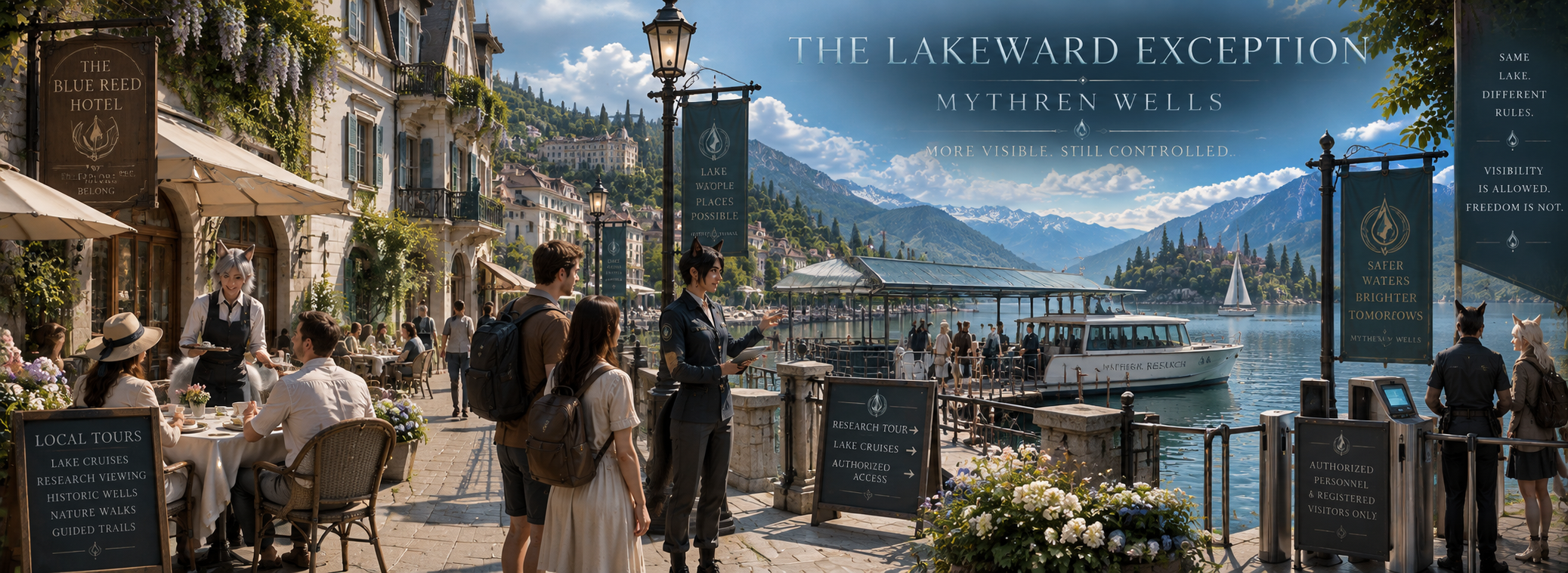 Human visitors and demi-human workers along the Mythren Wells waterfront under the Lakeward Exception.