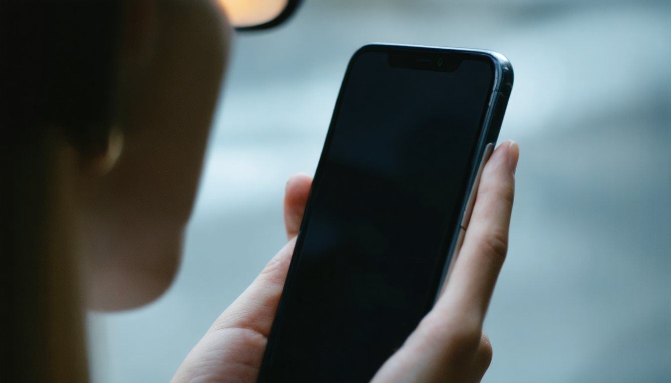 A hand holding a phone with a dark screen, ambient city light reflecting off the glass surface.