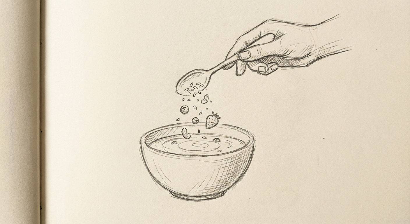Adding healthy toppings to oatmeal bowl.