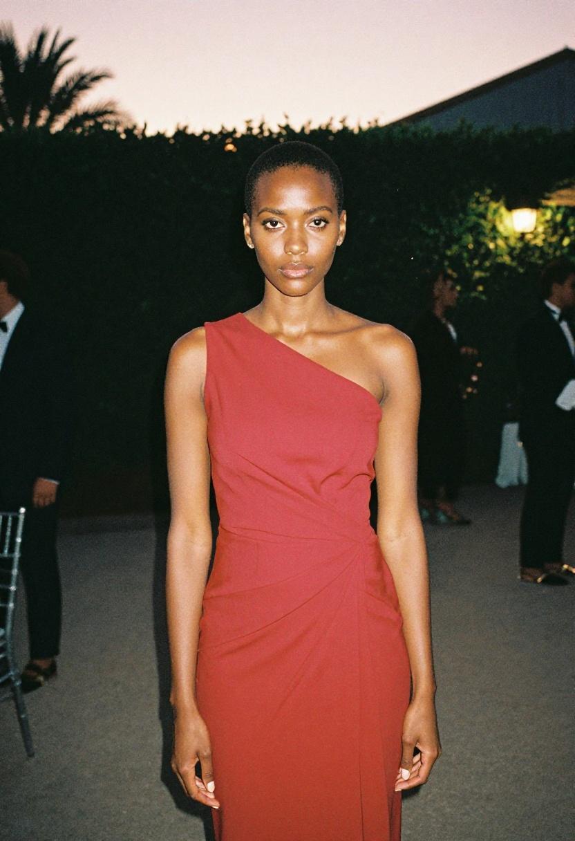 Woman in deep crimson structured midi dress bringing modern edge and elegance to a formal summer wedding