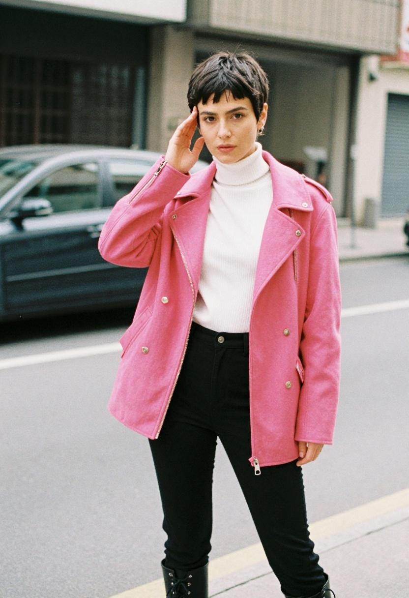 Fuchsia moto jacket over a ribbed turtleneck for polished edge on an escape room date night