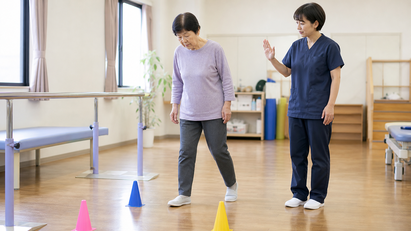 手すりの近くで安全に二重課題の難易度を調整する様子