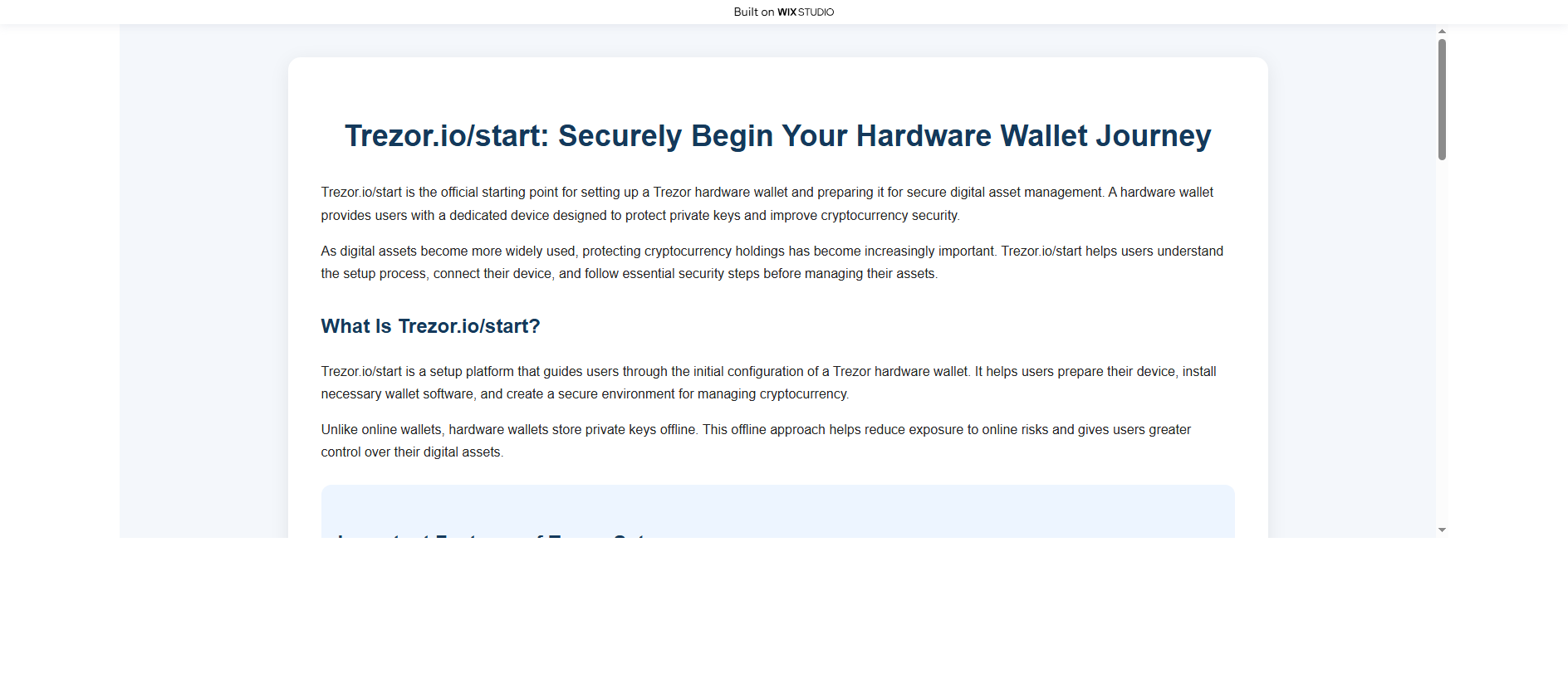 Forensic screenshot of begin-trezo-statio.wixstudio.com showing the phishing page layout