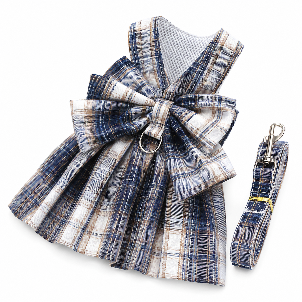 Navy Blue Plaid Pet Harness Dress with Leash for Small Dogs and Cats XL Size Bow Design Vest Outfit Walking Accessory