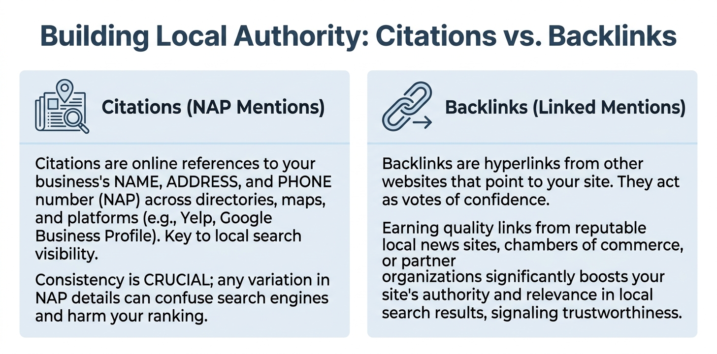 A comparison chart showing the difference between local SEO citations (NAP mentions) and backlinks (linked mentions).