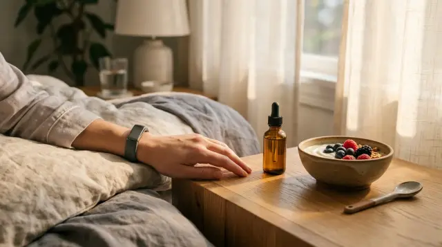 Sunlit bedside table with sleep tracker, supplements, and fermented yogurt, calm morning mood