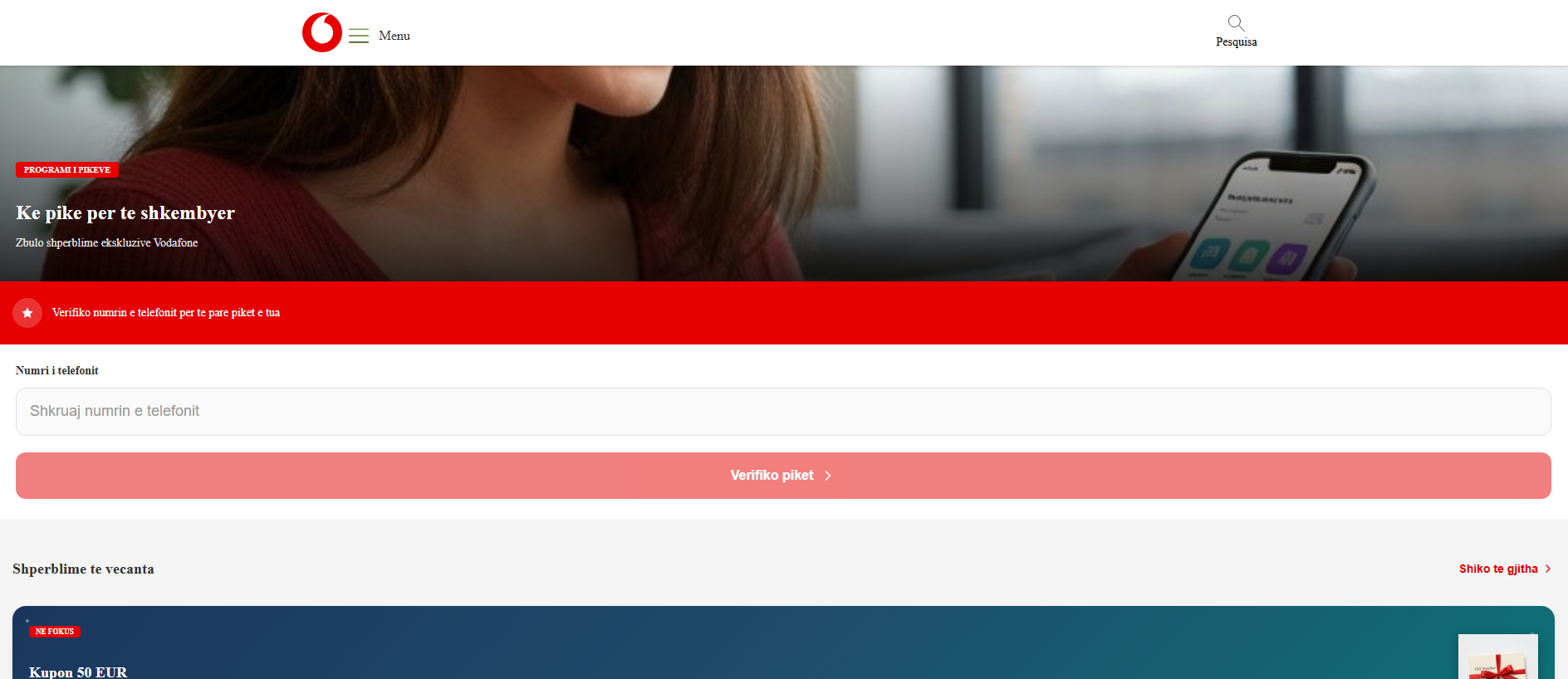 Forensic screenshot of vodafone-e.shop showing the phishing page layout