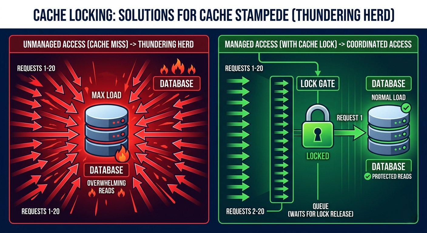 Cache locking thundering herd prevention diagram showing Redis lock mechanism allowing single database reader while others wait