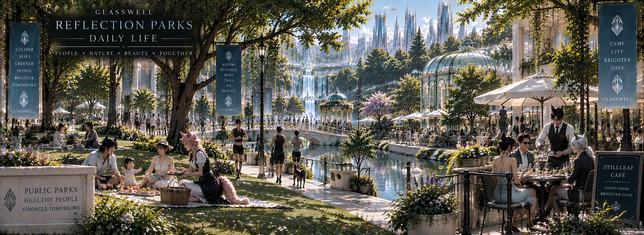 Families, couples, joggers and café visitors enjoying daily life in Reflection Parks.