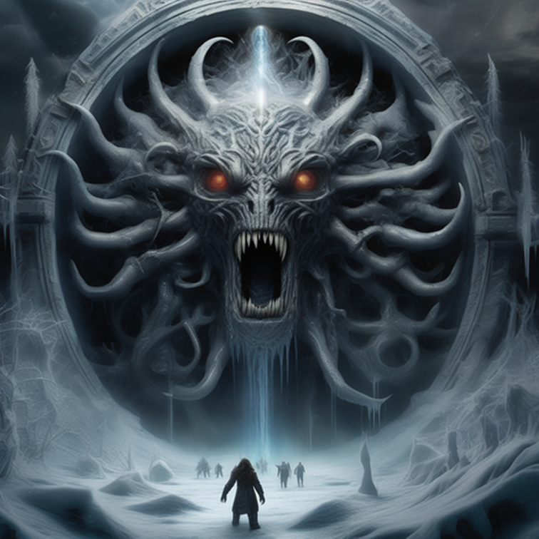  The horrible supreme god Azathoth appears through the portal that reckless men opened and that connects our helpless and defenseless world with the icy and infernal dimension where he and the other infernal Gods live. The image reflect the terrifying atmosphere that surrounds everything and the frozen fear that sneaks through the portal 