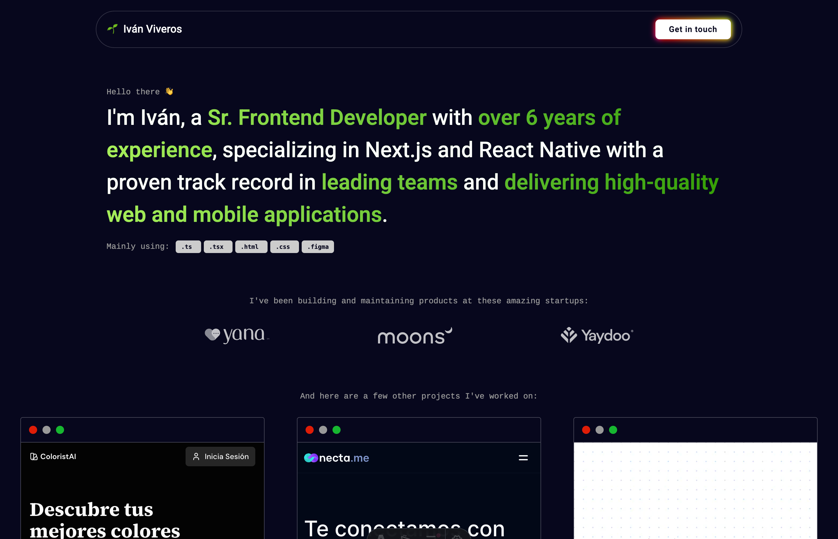 Screenshot of the above the fold of my portfolio