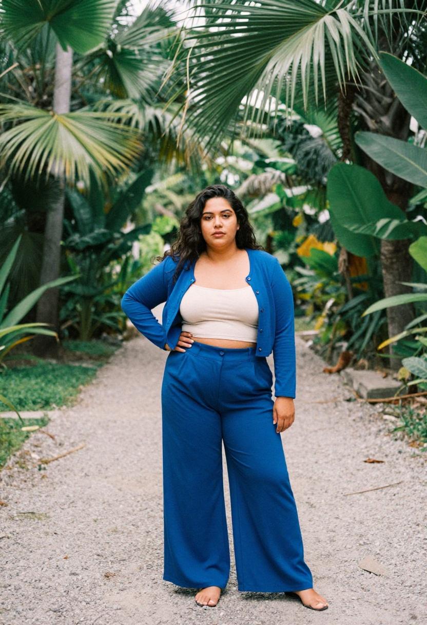 Plus-size woman in cobalt blue cropped cardigan with matching wide-leg trousers, monochrome spring outfit