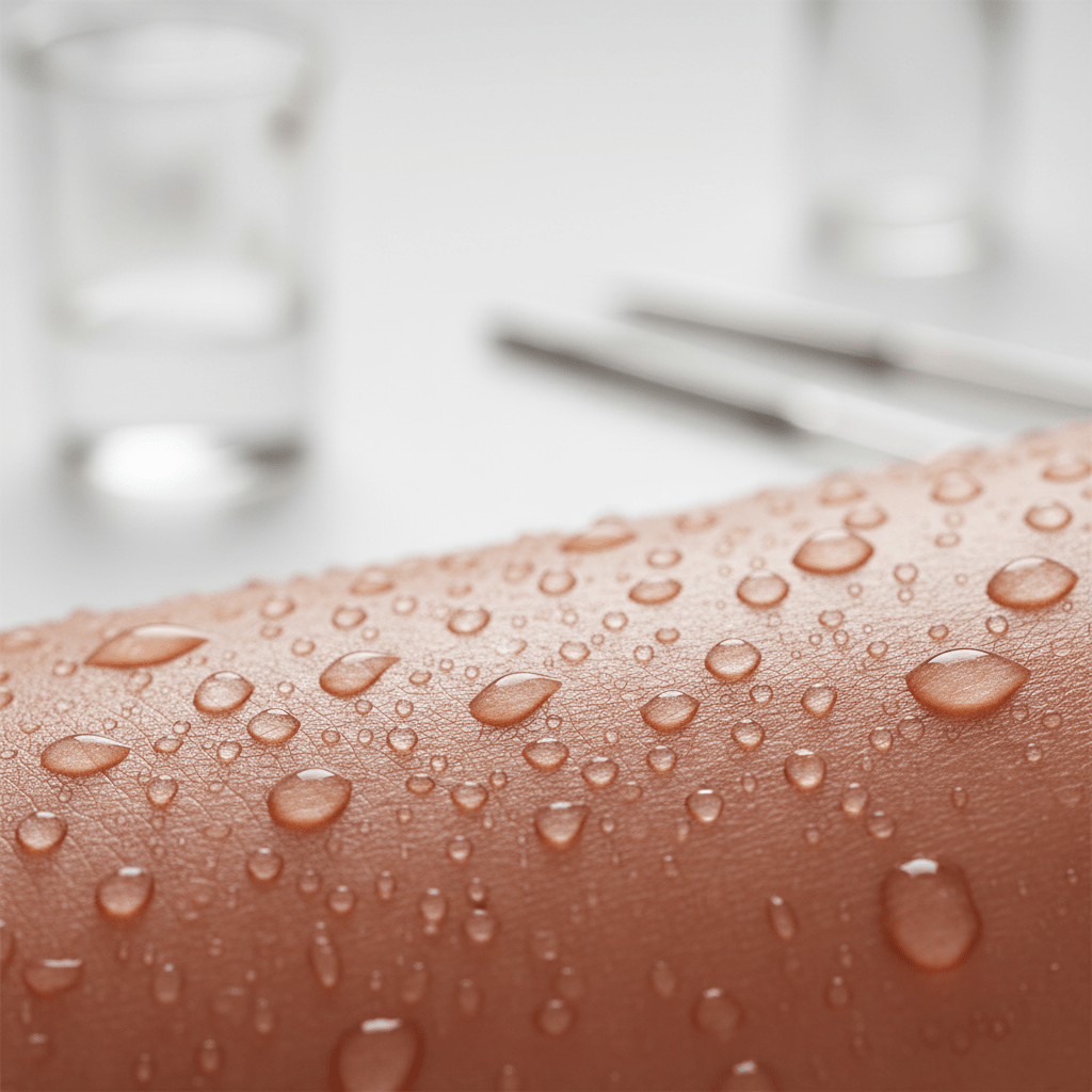 Close-up macro of hydrated skin with water droplets and glycerin concept in a clean clinical setting