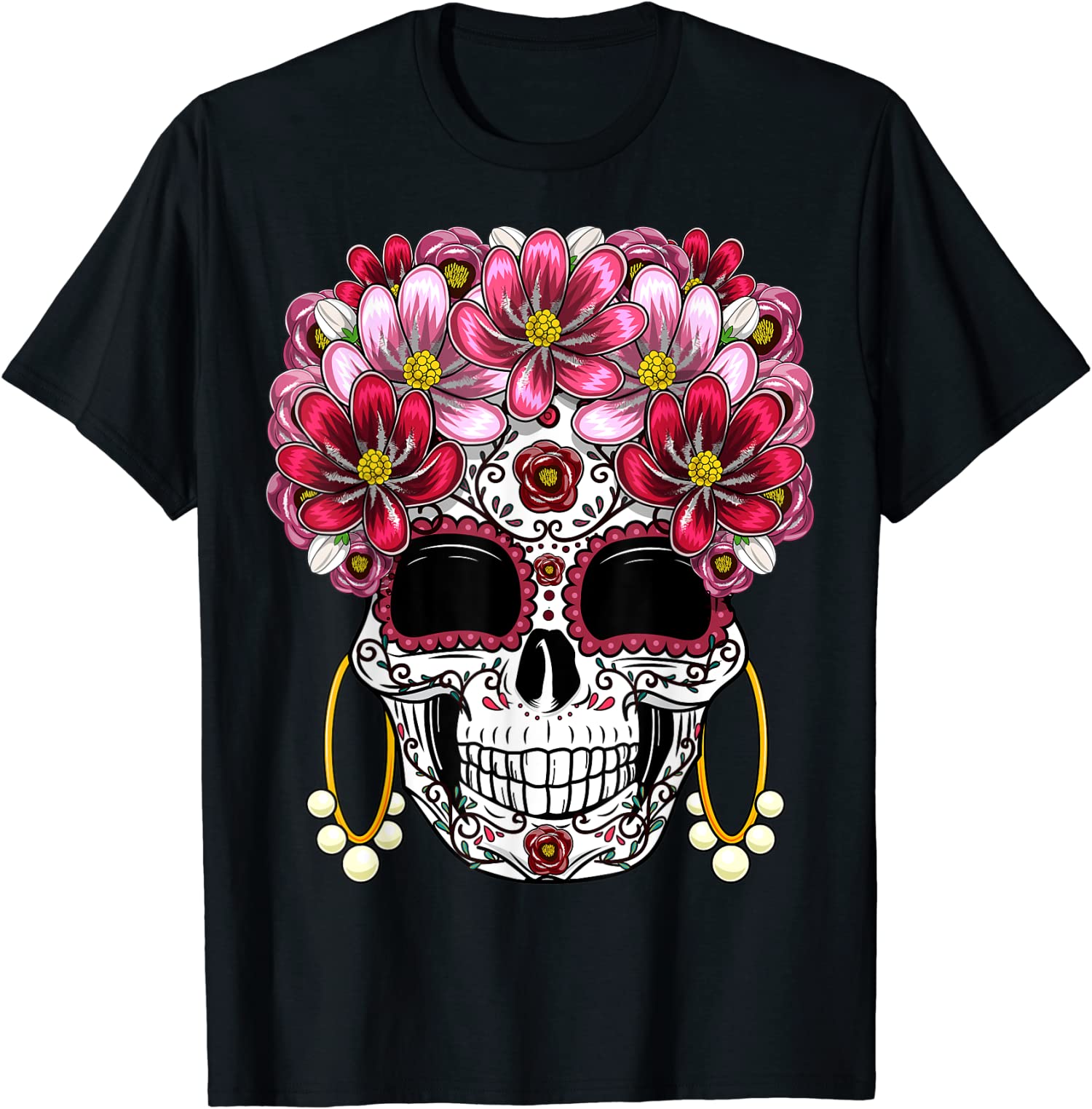 Floral Sugar Skull Day Of The Dead Gift Funny Tee Unisex T-Shirt