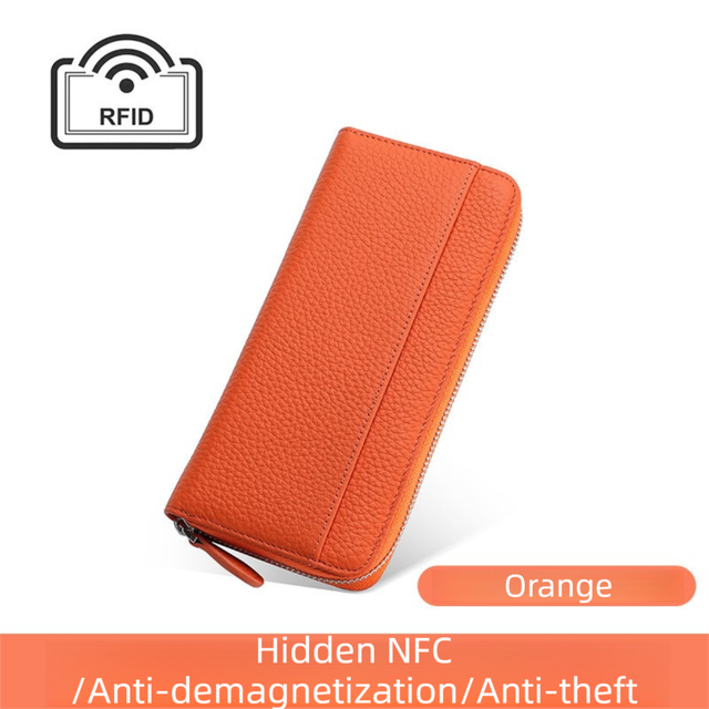 Orange Genuine Leather Women's Long Wallet with RFID Blocking & Hidden NFC - Large Capacity Phone Purse with 180° Zipper Closure, 18 Card Slots, Coin/Cash Pockets and for Daily Travel Use