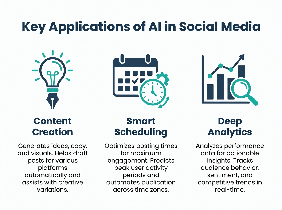 Infographic showing the three key applications of AI in social media: Content Creation, Smart Scheduling, and Deep Analytics.