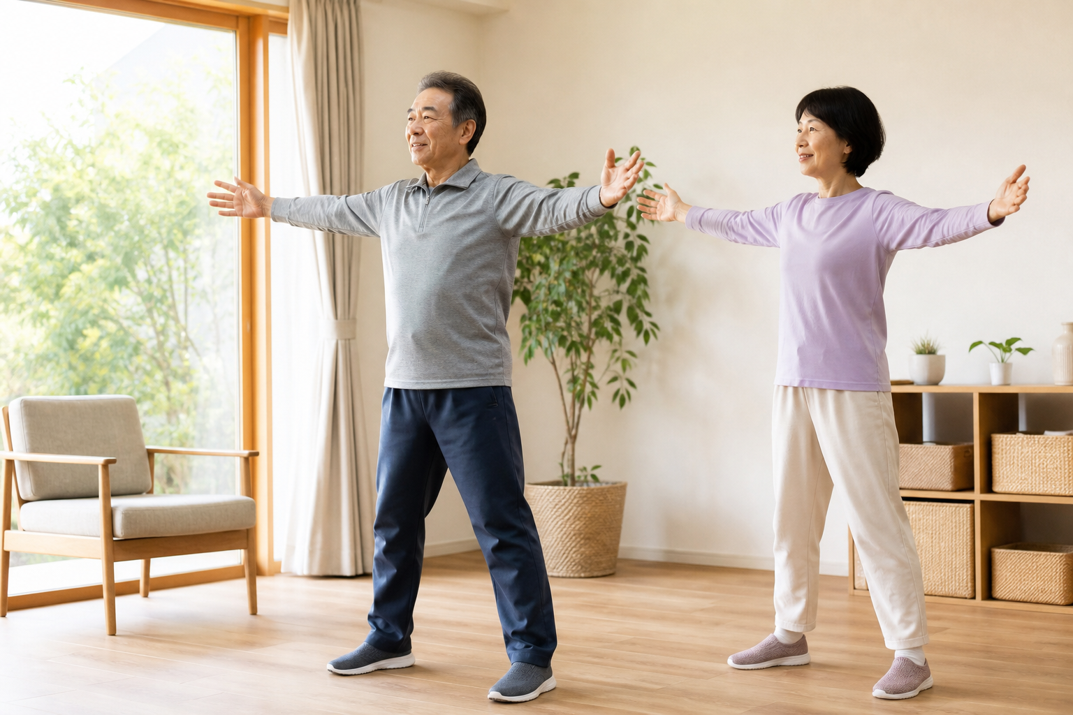 自宅で夫婦が安全な間隔を取りながらゆっくりした運動を行う様子