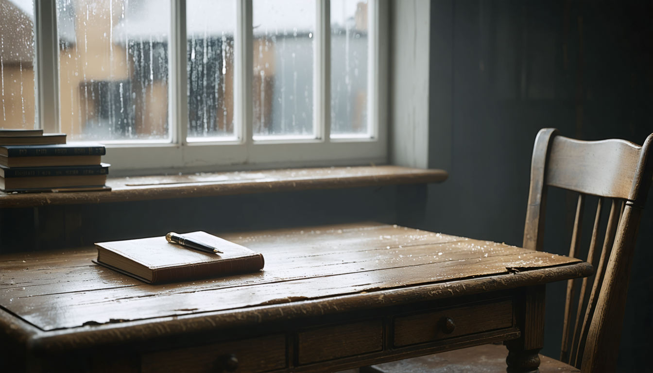 A worn wooden desk in dim window light with a closed notebook and a single pen, an empty chair pulled back.