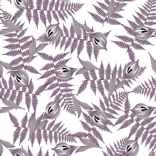 Monochrome Calla Lily and Fern Leaves Seamless Vector Pattern Background.png